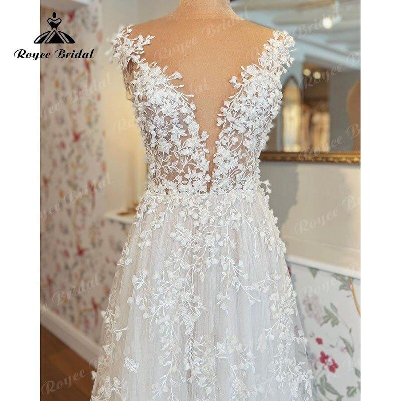 Boho A-Line Wedding Dress Custom For Women Sexy Off the Shoulder Backless Lace Appliques Bride Gown Sweep vestidos de novia