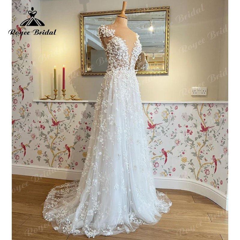 Boho A-Line Wedding Dress Custom For Women Sexy Off the Shoulder Backless Lace Appliques Bride Gown Sweep vestidos de novia
