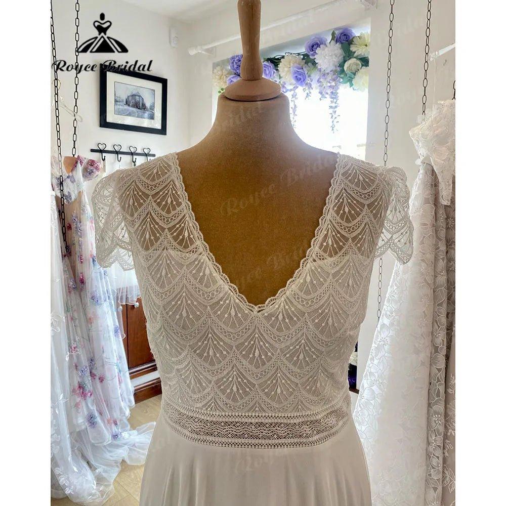 Brautkleid Bohemian Lace Bodice Chiffon V Neck Wedding Gown for Bride Boho Wedding Dress with Short Sleeve suknia slubna