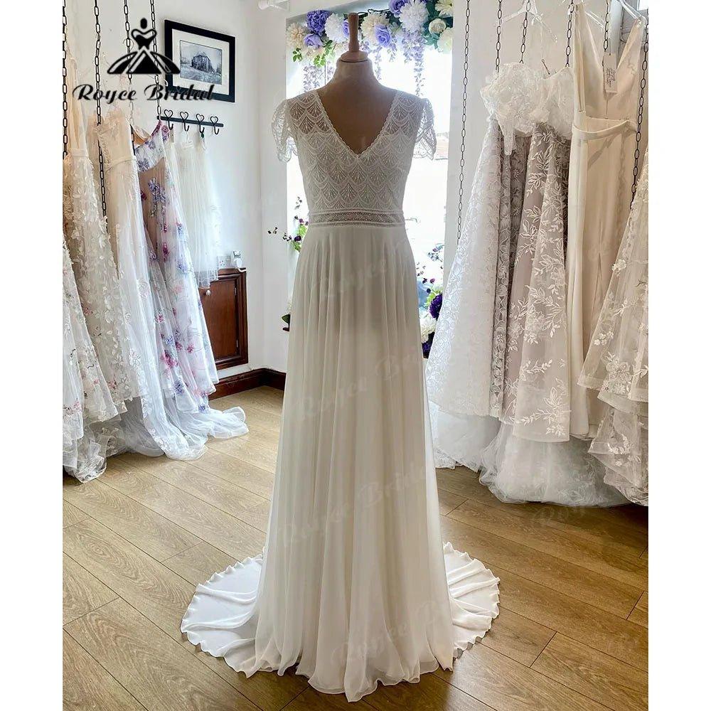 Brautkleid Bohemian Lace Bodice Chiffon V Neck Wedding Gown for Bride Boho Wedding Dress with Short Sleeve suknia slubna