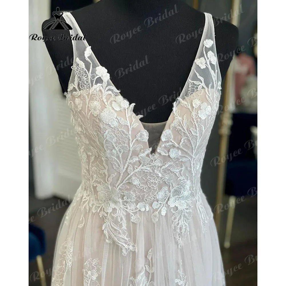 Brautkleid Civil Lace Floral Tank V Neck Blush Pink Boho Women Wedding Dress  Bridal Gown Backless vestido de noiva Elegant