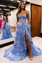 Periwinkle Tulle Appliques Off-the-Shoulder Ruffle Long Prom Dress