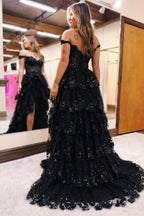 Periwinkle Tulle Appliques Off-the-Shoulder Ruffle Long Prom Dress