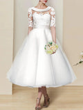 Bridal Shower Little White Dresses Mature Fall Wedding Dresses A-Line Illusion Neck Half Sleeve Tea Length Satin Bridal Gowns With Appliques Solid Color