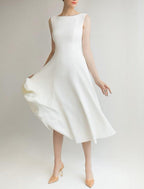 Bridal Shower Little White Dresses Wedding Dresses A-Line Scoop Neck Sleeveless Tea Length Satin Bridal Gowns With Solid Color