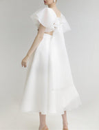 Bridal Shower Little White Dresses Wedding Dresses A-Line V Neck Short Sleeve Tea Length Organza Bridal Gowns With Solid Color