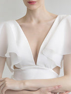 Bridal Shower Little White Dresses Wedding Dresses A-Line V Neck Short Sleeve Tea Length Organza Bridal Gowns With Solid Color