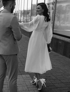Bridal Shower Little White Dresses Wedding Dresses Ankle Length A-Line Long Sleeve V Neck Chiffon With Solid Color