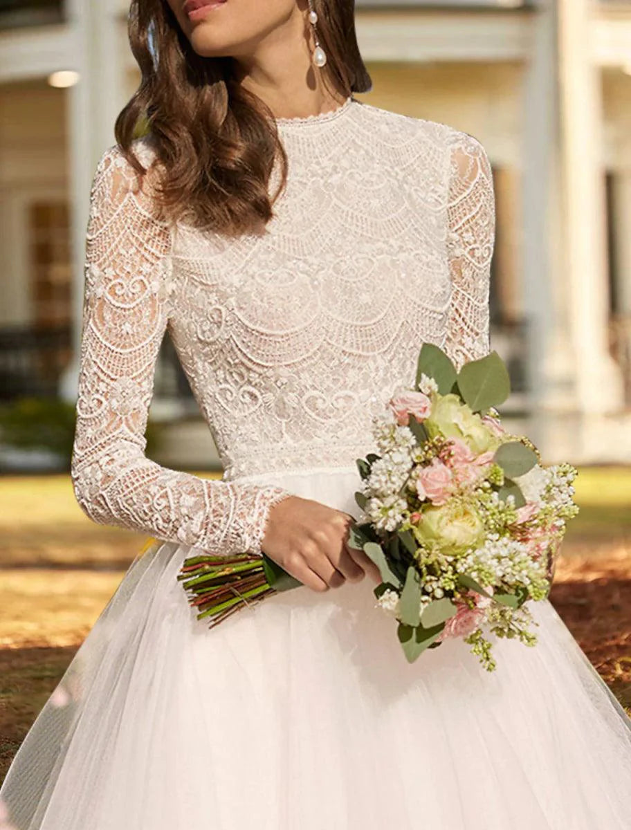 Bridal Shower Vintage 1940s / 1950s Little White Dresses Wedding Dresses Ball Gown Scoop Neck Long Sleeve Ankle Length Satin Bridal Gowns With Appliques Solid Color