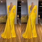 Bright Yellow V-neck Metallic Sequin Long sleeves Prom Dress