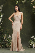 Brilliant Scoop Neck Sequins Backless Mermaid Bridesmaid/Prom Dress With Side Slit