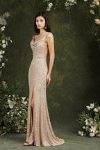 Brilliant Scoop Neck Sequins Backless Mermaid Bridesmaid/Prom Dress With Side Slit