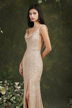 Brilliant Scoop Neck Sequins Backless Mermaid Bridesmaid/Prom Dress With Side Slit