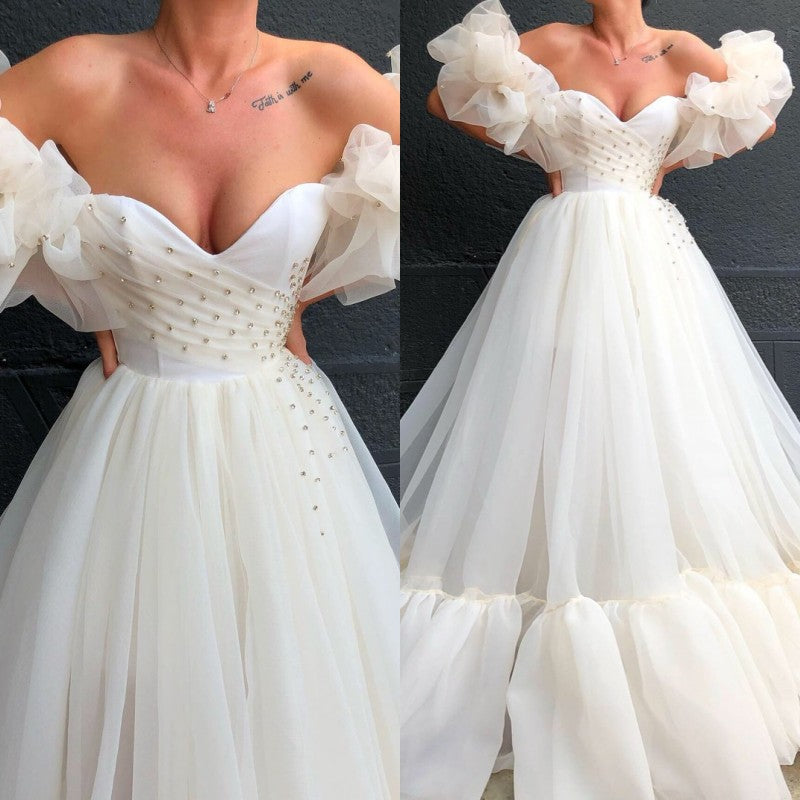 Bubble Sleeves Tulle Ball Dresses With Crystals Off-the-Shoulder