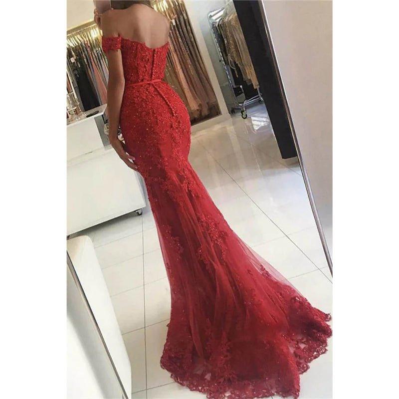 Burgundy Lace Beaded Off-the-shoulder Mermaid Prom Dress