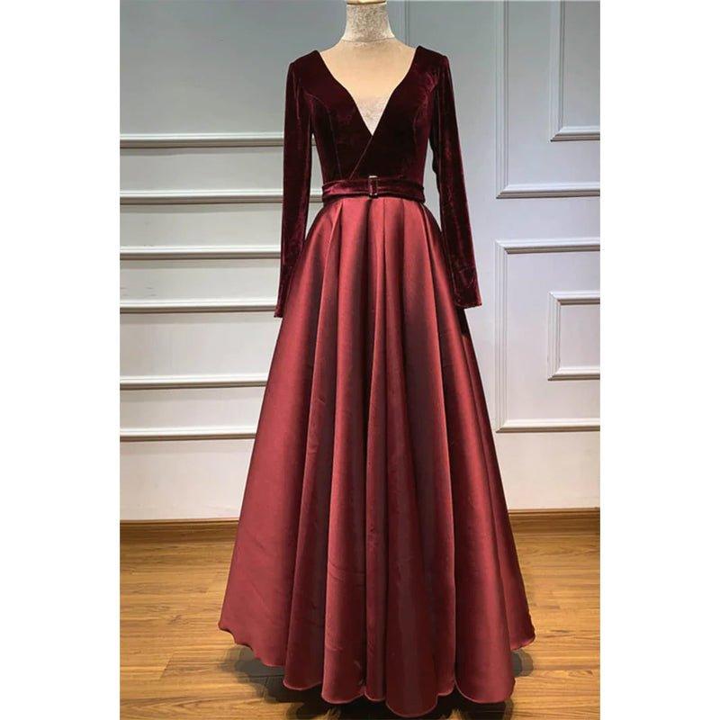 Burgundy Satin V-neck Velevt Long Sleeve A-line Long Prom Dress with Pockets