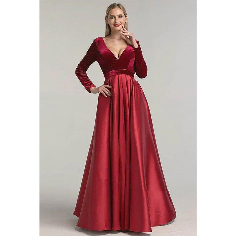 Burgundy Satin V-neck Velevt Long Sleeve A-line Long Prom Dress with Pockets