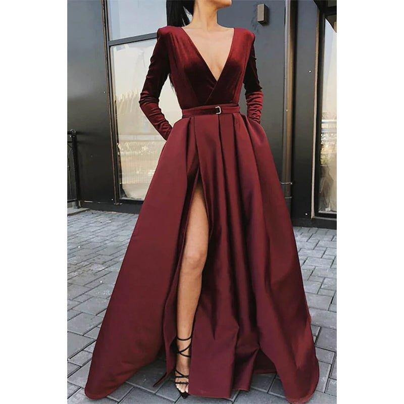 Burgundy Satin V-neck Velevt Long Sleeve A-line Long Prom Dress with Pockets