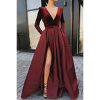 Burgundy Satin V-neck Velevt Long Sleeve A-line Long Prom Dress with Pockets