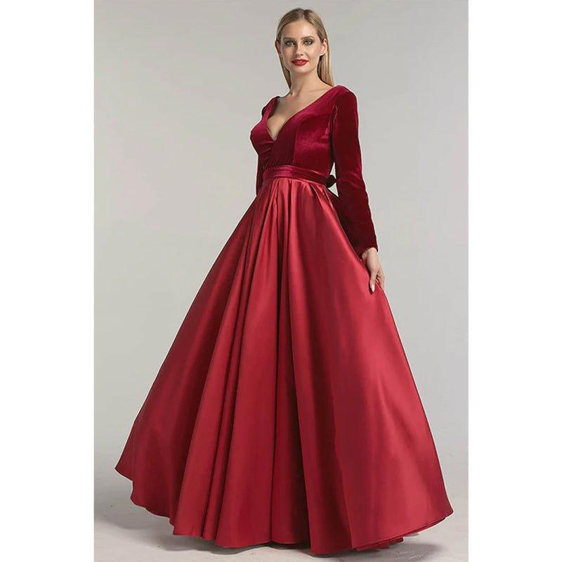 Burgundy Satin V-neck Velevt Long Sleeve A-line Long Prom Dress with Pockets