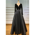 Burgundy Satin V-neck Velevt Long Sleeve A-line Long Prom Dress with Pockets