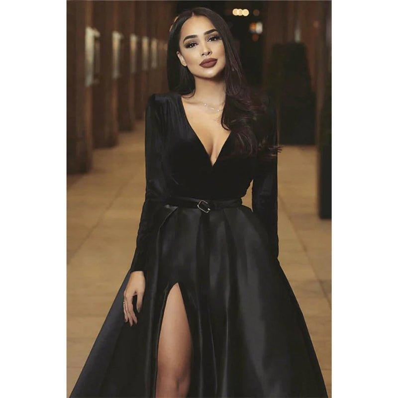 Burgundy Satin V-neck Velevt Long Sleeve A-line Long Prom Dress with Pockets