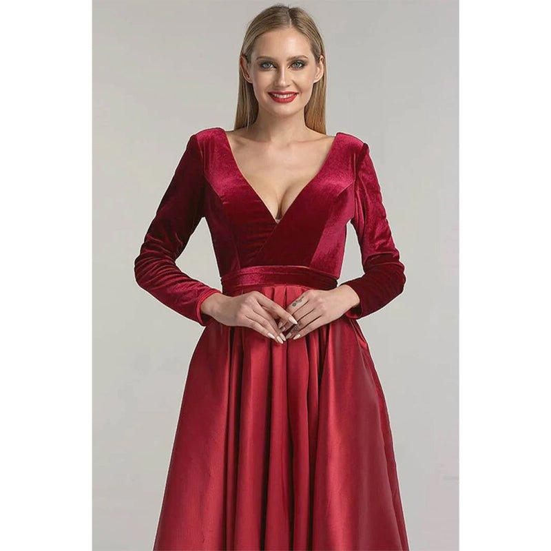 Burgundy Satin V-neck Velevt Long Sleeve A-line Long Prom Dress with Pockets