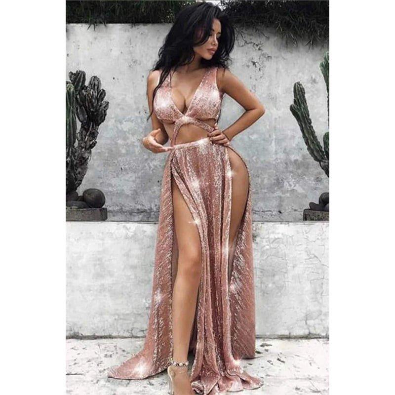 Burgundy Sequined Sexy Deep V-neck Split Party Dress Long Prom Dress