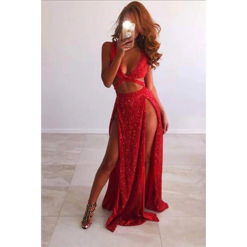 Burgundy Sequined Sexy Deep V-neck Split Party Dress Long Prom Dress