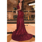 Burgundy Sequins Spaghetti Straps V-neck Mermaid Sparkle Prom Dress with Slit