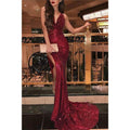 Burgundy Sequins Spaghetti Straps V-neck Mermaid Sparkle Prom Dress with Slit