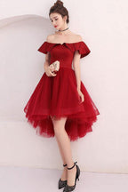 Tulle Off Shoulder Short Prom Dress Burgundy Homecoming Dress