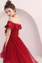 Tulle Off Shoulder Short Prom Dress Burgundy Homecoming Dress
