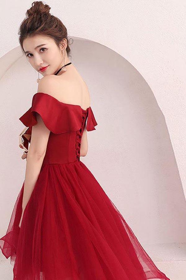 Tulle Off Shoulder Short Prom Dress Burgundy Homecoming Dress