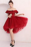 Tulle Off Shoulder Short Prom Dress Burgundy Homecoming Dress