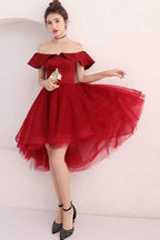 Tulle Off Shoulder Short Prom Dress Burgundy Homecoming Dress