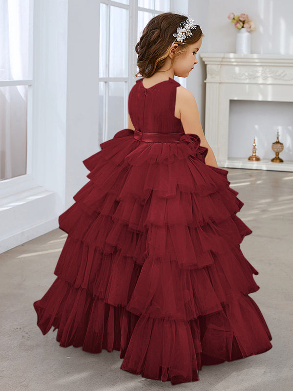 Ball-Gown/Princess Pearl Pink Sleeveless Tulle Bow Flower Girl Dress (010220814)
