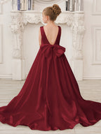 A-Line Princess Sleeveless Satin Flower Girl Dress with Sweep Train and Bow
