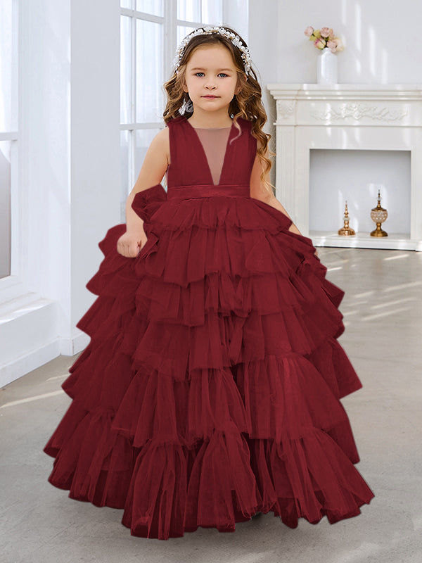 Ball-Gown/Princess Pearl Pink Sleeveless Tulle Bow Flower Girl Dress (010220814)