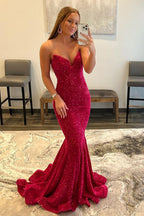 Mermaid Fuchsia Sequins Long Prom Dress
