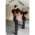 Round Neck Cut Outs Sheath Long Prom Evening Gown With Puff Sleeves