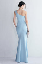 One Shoulder Black Long Prom Dress with Split Front