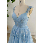 Tulle A-line V-neck Spaghetti Straps Lace Applique Beaded Party Prom Evening Dress