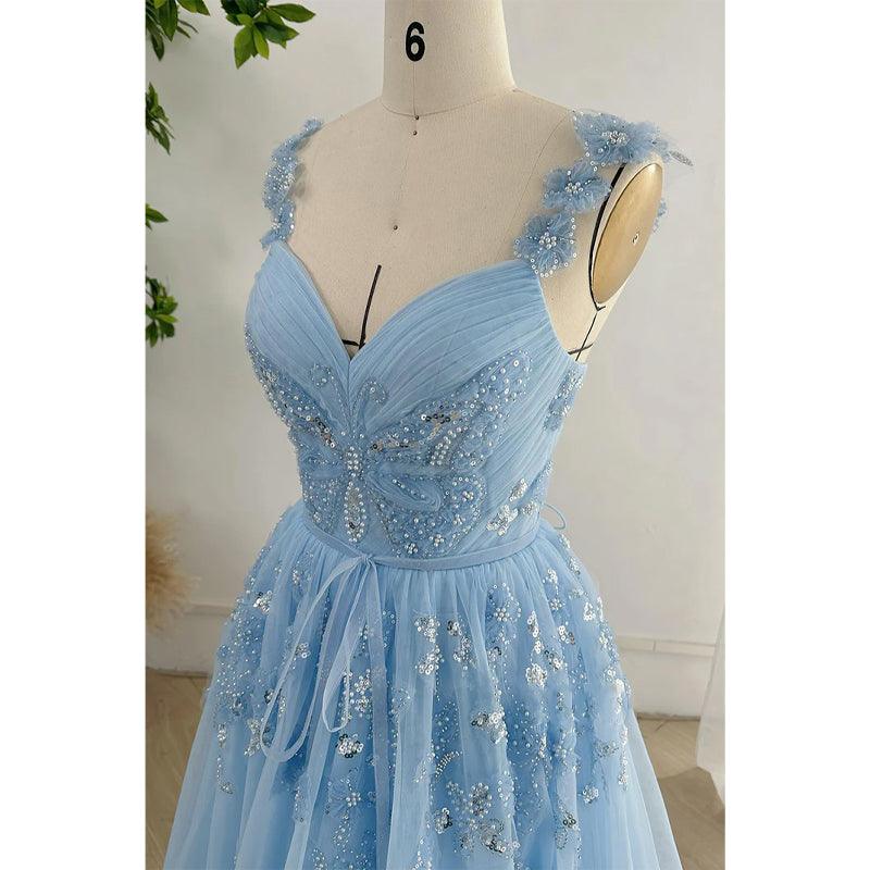 Tulle A-line V-neck Spaghetti Straps Lace Applique Beaded Party Prom Evening Dress
