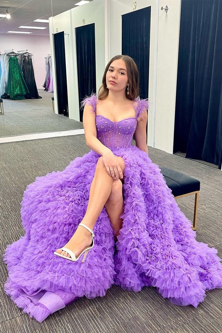 A Line Sweetheart Tiered Tulle Long Prom Dress With Slit