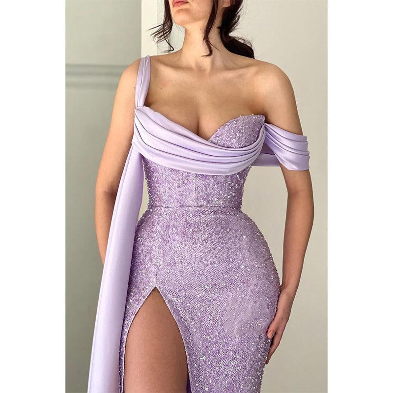 Sheath One Shoulder High Split Long Prom Formal Dress