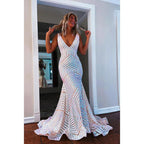 V-Neck Sleeveless Sequins Mermaid Long Prom Evening Dress With Sweep Train