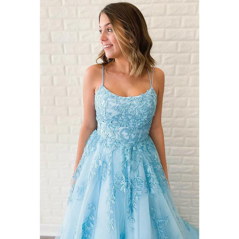 Sky Blue Tulle Appliques A-line Scoop Long Prom Dress