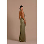 Sexy Halter Backless Satin Sheath Long Evening Dress With Side Slit