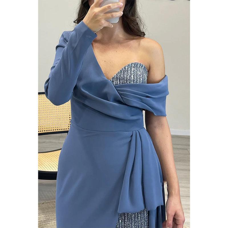 Sexy One Shoulder Beaded A-line Long Prom Dress Ecvening Gown Party Dress